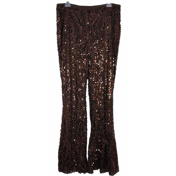 NWT Nasty Gal Chocolate Brown Extreme Flare Sequin Disco Party Pants Size 10 - Picture 1 of 8
